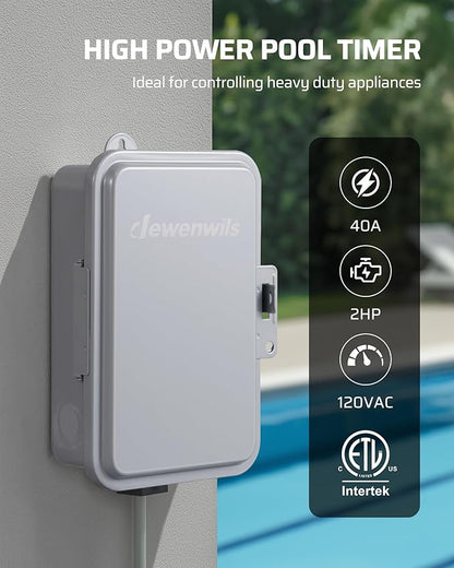 DEWENWILS 24-Hour Mechanical Timer Switch - 120VAC SPST, 2HP 40A, Metal Enclosure, Heavy Duty, Manual Override, Ideal for Pool Pump, Water Heater, Lights and Fans, Weatherproof, ETL Listed, Gray