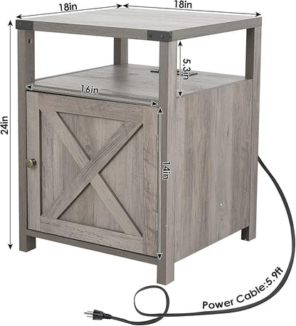 HOSEOKA Farmhouse Nightstand with Charging Station, Rustic End Table Bedroom with Storage Living Room Side Table Grey Night Stand Industrial Bedside Bed Table with USB Ports and Outlets