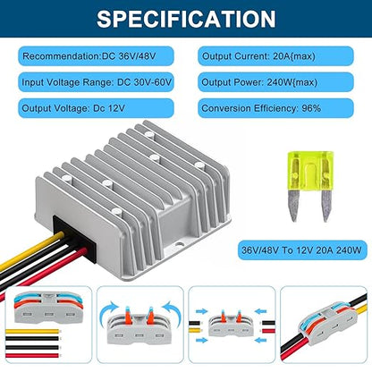 DC Voltage Reducer Converter DC 8V-40V to 13.8V 10A 138W Automatic Step Down Up Voltage Regulator Power Converter Waterproof Module Transformer for Golf Cart Club Car and Vehicle-Mounted Equipment