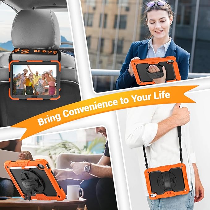 SEYMAC for iPad (A16) 11th/10th Generation Case 2025/2022 (11″/10.9″), Sturdy Heavy Duty Full-Body Shockproof Protective Case with Screen Protector, Rotating Stand, Hand/Shoulder Strap, Black/Orange