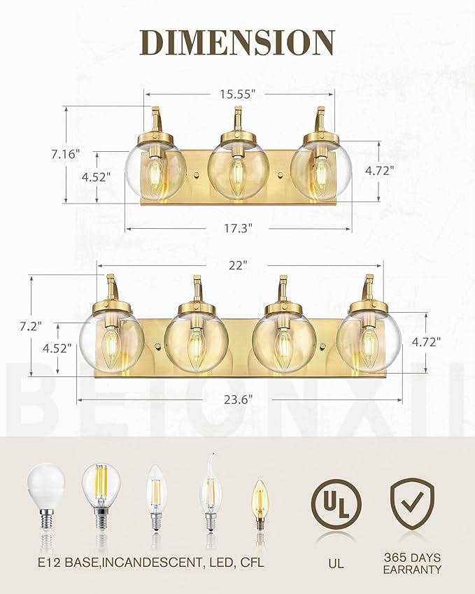 Beionxii 4-Light Bathroom Vanity Light Fixtures, 3 Light Brushed Gold Bathroom Light Fixtures with Clear Glass Shade, Modern Wall Sconces Lighting Over Mirror, Living Room, Hallway, BX-VL03BG-4CG