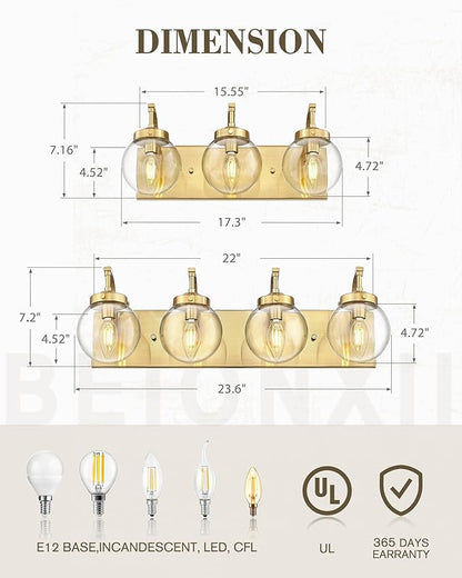 Beionxii Bathroom Vanity Light, 3-Light Brushed Gold Bathroom Light Fixtures, Modern Vanity Lights with Clear Glass Shade, Wall Sconces Lighting Over Mirror Living Room Hallway, BX-VL03BG-3CG