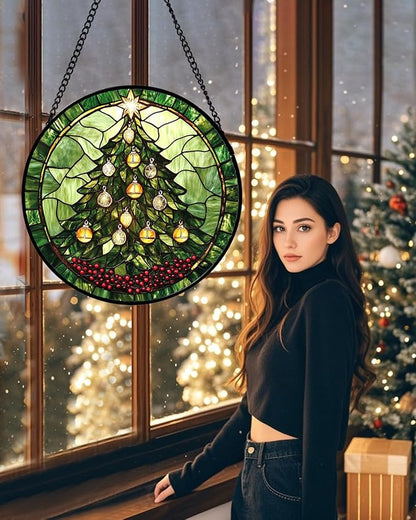 DASTOLL Stained Glass Window Hanging - Green Christmas Tree Golden Bells Suncatcher for Doors Home Christmas Decoration Sun Catcher Thanksgiving New Year Birthday Gift for Women Men Mom Nana 6.3 in