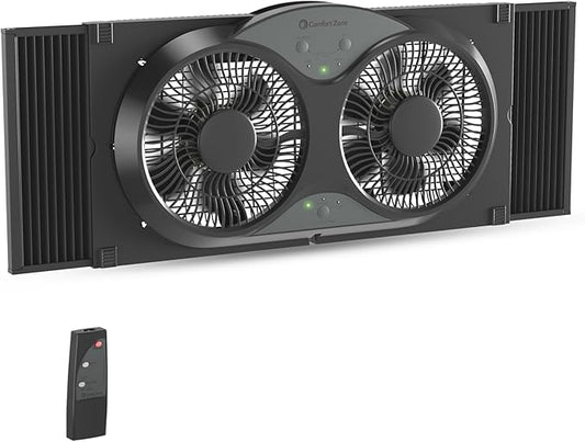 Comfort Zone Window Fan for Bedroom, 9 inch 3 Speed Dual Fans with Auto-Locking Expanders, 3 Modes (Cool, Circulate, Exhaust), Remote Control, Fabric Cover plus Bug Screen, Black