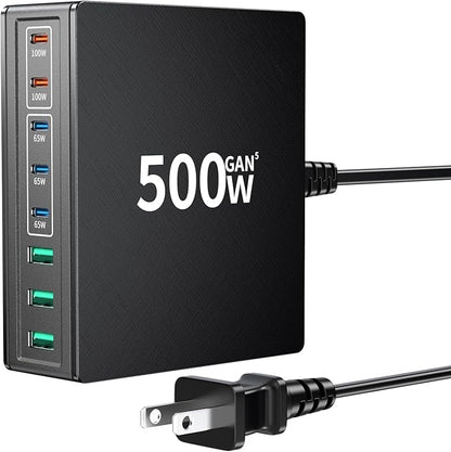 500W USB C Charger Block: 8-Port GaN Charging Station Hub - Dual 100W PD, 3x65W USB-C Fast Charge, Compact Adapter - Wall Plug Power Hub for MacBook Pro iPhone 16 iPad Dell XPS Galaxy Travel Office