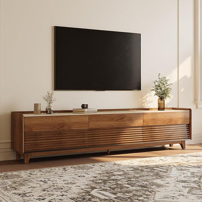 POVISON Fully-Assembled Mid Century Matte Sintered Stone TV Stand with Legs, 94.49" Wood Media Console with Adjustable LED Light, Entertainment Center with Storage for Living Room