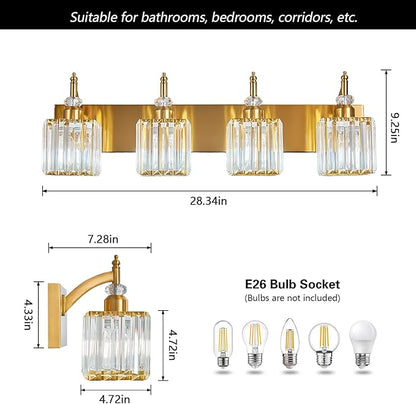 BBLLWJ Modern Bathroom Vanity Light 4-Light Gold Crystal Light Fixtures Over Mirror for Bathroom Wall Sconce