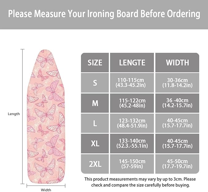 ZCFYGDX Breathable Ironing Board Cover Decor, Resist Scorching & Staining, 15x48 Wear & Soil Resistant Covers, Elastic Edges,3 Fasteners,Anti-Scorch Polyester Butterfly Pattern Pink Print