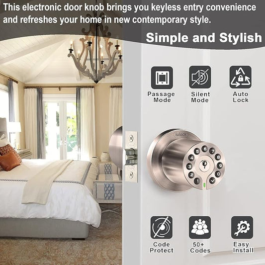 iulock IU-20 Code Door Lock, Electronic Door Knob with Keypad and Key, Auto Lock, Waterproof, Passage Function, Long Battery Life,50 Codes, Easy to use and Install for Office/Warehouse/Bedroom/Garage