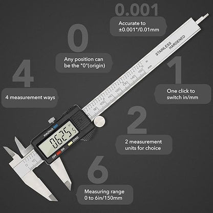 Digital Caliper Precise Measuring Tool, Vizbrite 6 inch Stainless Steel Electronic Vernier Calipers with Auto-Off Large LCD Screen, Accurate to ±0.001in/0.01mm, Easy Use Caliper