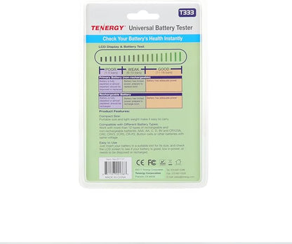 Tenergy T-333 Universal Battery Tester, LCD Display, Cell Checker, Multi-Purpose Small Battery Tester, for AA, AAA, C, D, 9V, CR123A, CR2, CRV3, 2CR5k CRP2, and Button Cell Batteries