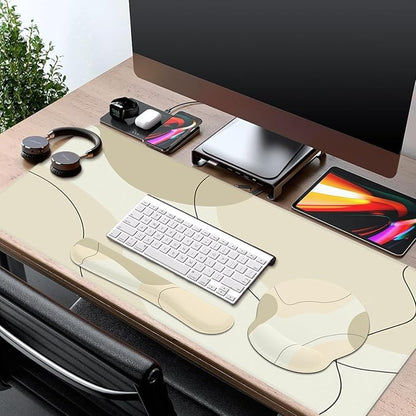 iCasso Large Gaming Mouse Pad Wrist Support Set, Desk Mat, 4in1 XXL Mousepad + Keyboard Wrist Rest+Mouse Wrist Rest+Coaster Set with Ergonomic Design for Home Office Table Computer-Brown Art