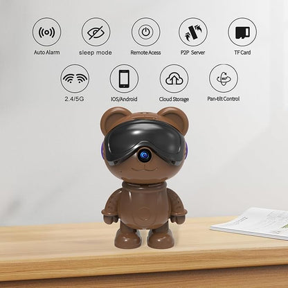 dzcctvipc Cute Bear 2K Robot & Pet Camera – Hidden Indoor Security, Motion & Baby Cry Detection, Privacy Mode, 5G Dual-Band, Pan & Tilt, Full HD Night Vision, 24/7 Recording, 2-Way Audio