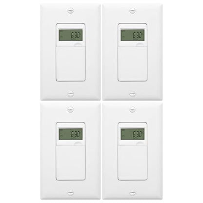 ENERLITES Programmable Digital Timer Switch for Lights, Fans, Motors, 7-Day 18 ON/OFF Timer Settings, Single Pole, Neutral Wire Required, UL Listed, HET01-C, White, 4 Pack