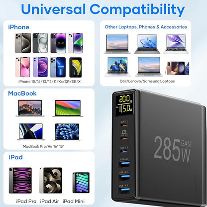 YSYFAD 6 Port USB C Charging Station with Digital LCD Display - GaN Fast 100W USB C Charger for MacBook Laptops, iPad, iPhone, Samsung - Black