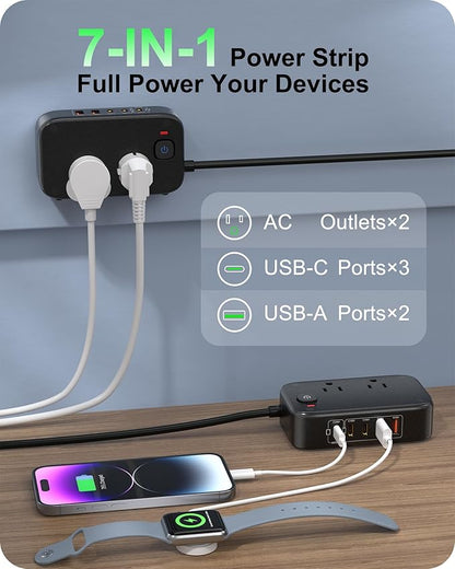 KWRNVO 5FT Travel Power Strip with USB Ports, 7-IN-1 Flat Extension Cord USB C Power Strip with 2500W AC Outlets, 3 USB-C Ports, 2 USB-A Ports Outlet Extender for Home/Office/Travel Essentials