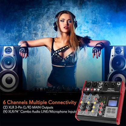 Pyle Professional Wireless DJ Audio Mixer - 4 Channel Bluetooth Controller Sound Mixer, USB Audio Interface, 2 Combo Jack XLR+6.35mm Mic/Line/Guitar in, 3.5mm, RCA AUX, Headphone Jack - PAD43MXUBT