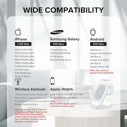 Wireless Charging Station, 3 in 1 Fast Wireless Charger Stand for Multiple Devices Apple Watch Ultra Series 11 10 9 8 7 6 SE 5 4 3 2, iPhone 17 16 15 14 13 12 11 Pro Max/Plus/Air/X/XS/XR, Airpods Pro