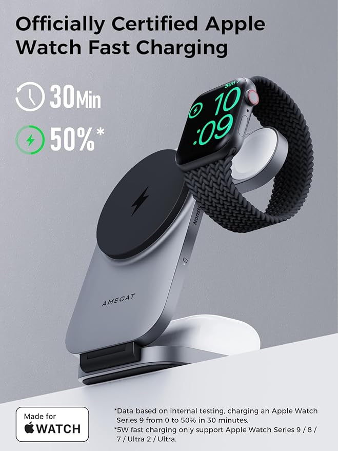 3 in 1 Charging Station, MagFusion Z Foldable Qi2 Certified 15W Wireless Charger Stand Compatible with MagSafe for iPhone 16/15/14/13/12, Apple Watch, AirPods (30W PD Charger Included)