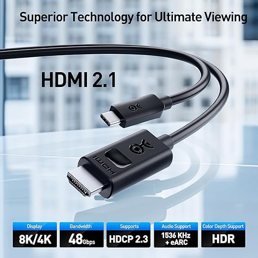 Cable Matters Unidirectional USB C to HDMI 2.1 Cable - 10ft, Support 4K@240Hz and 8K@60Hz, HDR - Thunderbolt 4, Thunderbolt 5, USB 4 Compatible with MacBook Pro, XPS, ThinkPad - Max 4K@60Hz on macOS