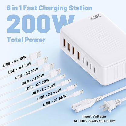 200W USB C Charging Station,8-Port GaN USB C Charger Block,PD 65W Desktop Charger, Power Strip Adapter Compatible with iPhone 17/16/15/14,MacBook Air/Pro,DELL, iPad Pro,Galaxy and More,White