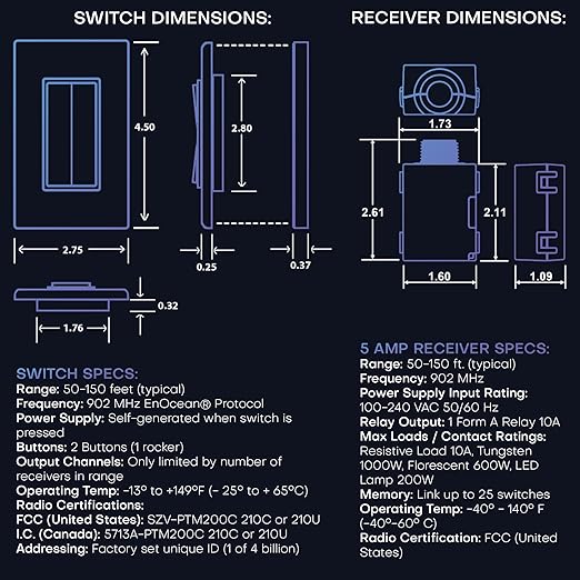 RunLessWire Fan & Light Battery-Free DIY Wireless Light Switch Kit 150ftRF Range Kinetic for Bathrooms & Ceiling Fans: 1 Dual Remote Switch Controls 2 5A On/Off Receivers Separately – Brown