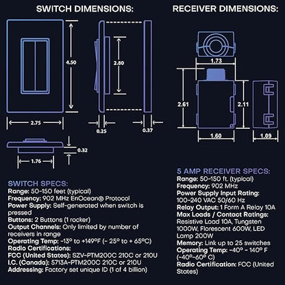 RunLessWire 3-Way Fan & Light Battery-Free DIY Kinetic Wireless Light Switch Kit for Bathrooms & Ceiling Fans: 2 Dual Remote Switches, Both Control 2 5A On/Off Receivers Separately – Light Almond