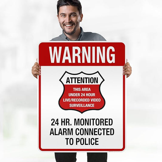Warning 24 HR. Monitored Alarm Connected To Police Sign, 24x30 Inches, 3M EGP Reflective, Rust Free .080 Aluminum, Fade Resistant, Made in USA by My Sign Center