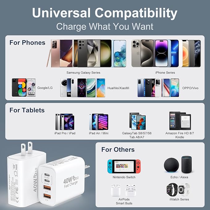 USB C Fast Wall Charger Block, 2Pack 40W USBC Charging Cubes, 4-Port PD+QC Power Adapter Multiport Brick Type C Box Plug for Phone 16/15/14/13/12/11/Pro Max/Plus, Pad Mini/Pro/S25/S24