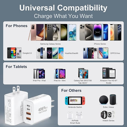 USB C Fast Wall Charger Block, 2Pack 40W USBC Charging Cubes, 4-Port PD+QC Power Adapter Multiport Brick Type C Box Plug for Phone 16/15/14/13/12/11/Pro Max/Plus, Pad Mini/Pro/S25/S24