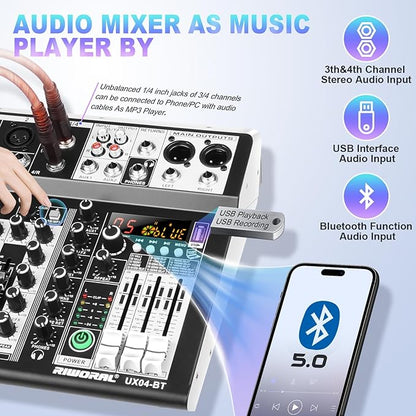 4 Channel Audio Interfacer DJ Mixer Sound Board 16-Bit DSP Effect USB Audio Mixer Effects +48V Phantom Bluetooth for Karaoke Studio Streaming Recording,Live Streaming