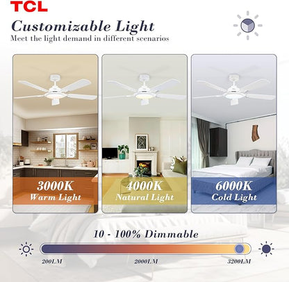 TCL Ceiling Fans with Lights, 52 Inch Ceiling Fan with Light and Remote Control, Reversible DC Motor, Noiseless, Dimmable 36W LED, Modern Ceiling Fan for Bedroom Living Room (White)