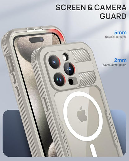 Lanhiem Magnetic for iPhone 15 Pro Case, IP68 Waterproof Dustproof Case, [Compatible with Magsafe] [Built-in Screen Protector] Full Body Heavy Duty Rugged Phone Cover 6.1 inch, Natural