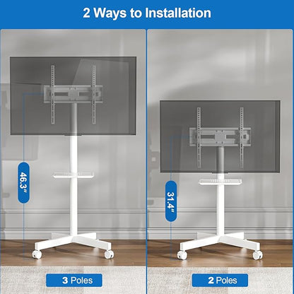 HOLMAXD Mobile TV Stand for 23-65 Inch LCD LED Flat/Curved Panel Screen TVs, Height Adjustable Rolling TV Stand with Tilt Mount and Shelf, Portable Stand Holds up to 110 lbs, Max VESA 400x400mm, White
