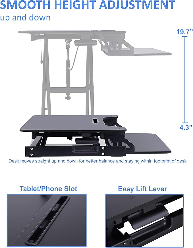 Rocelco Standing Desk Converter and Floor Mat - 31.5 Inch Sit Stand Up Dual Monitor Tabletop Riser with Tablet Mount, Height Adjustable Workstation - Deep Keyboard Tray - Black (R VADRB-MAFM)