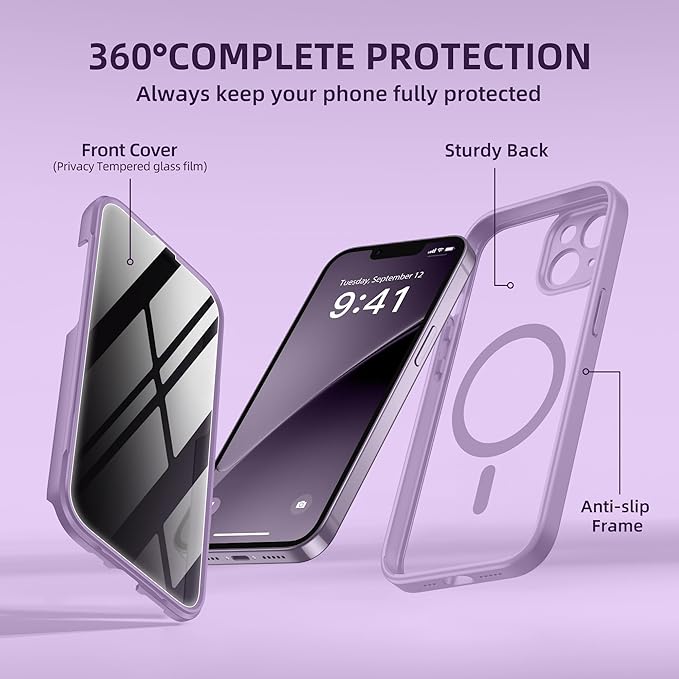 BERFY Magnetic for iPhone 14 Case, Compatible with MagSafe, Built-in Privacy Screen Protector and Upgraded Camera Protection, Anti-Spy Full Body Shockproof Phone Case for 14 6.1", Light Purple