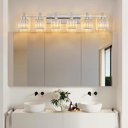FDPBY Vanity Lights 6-Light Modern Crystal Vanity Light Chrome Bathroom Light Fixtures Over Mirror Crystal Bathroom Vanity Lighting Fixtures