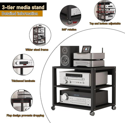 Dernoing 3 Tier Audio Rack Tower, CD Record Player Stereo Receiver AV Equipment Cabinet Display Rack, Weight Capacity 661 lbs, with Adjustable Wooden Shelves for Home (3 Tier Black)