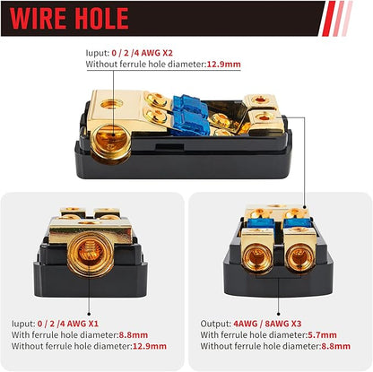 RED WOLF 2 Way Mini ANL Fuse Holder 60A 0/2/4 Gauge Input 4/8 Gauge Output Fuse Distribution Block for Car Boat Trolling Motor Marine Audio Amplifier Stereo Video System