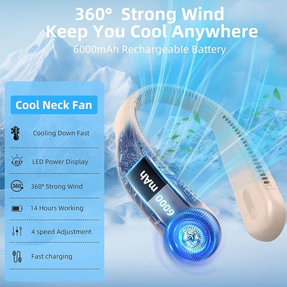 Portable Neck Fan,Hands Free Personal Wearable Bladeless Fan,6000mAh USB Rechargeable,360° Cooling,LED Display,4-Speeds,Birthday Gifts for Men Women Dad Mom,Valentines Day Gifts for Her Him (Brown)