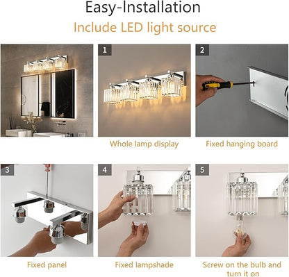 FDPBY Modern 4-Light Chrome Crystal Bathroom Vanity Light Fixtures