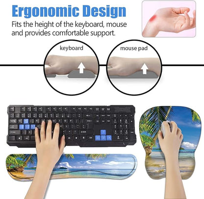 Ergonomic Mouse Pad Wrist Support and Keyboard Wrist Rest Set with Coasters, Non-Slip PU Base, Easy Typing & Pain Relief for Computer Laptop Home Office, Shore Palms Tropical Beach
