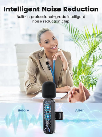 3 in 1 Wireless Lavalier Microphones for iPhone/Android/Camera, 2 Pack Mini Microphone LED Display Lapel Omnidirectional Mic with Mute/Reverb/Noise Reduction for TikTok/Podcast/Vlog Recording