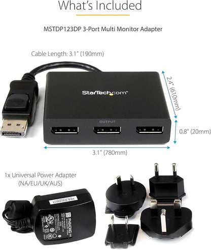 StarTech.com 3-Port DisplayPort 1.2 Splitter, DisplayPort to 3x DP Multi-Monitor Adapter, Dual 4K 30Hz and 1080p 60Hz Computer MST Hub, Windows Only (MSTDP123DP)