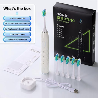 ZUAMEGU Sonic Electric Toothbrush for Adults - Deep Cleaning Teeth Whitening6 Replacement Brush Heads100-Day Battery5 Modes w/SensitiveIPX7 Waterproof (Color Options)