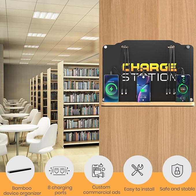 Wall Mount Charging Station with 8 Ports Phone Charger | Advertising Cell Phone Charging Station with Bamboo Organizer | Application for Schools, Office, Library, University