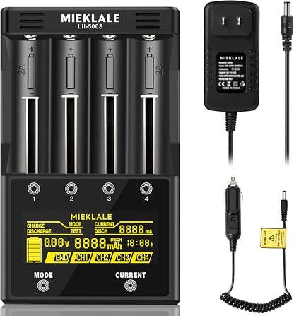 18650 Battery Charger, MIEKLALE 4-Bay Rechargeable Battery Charger with Smart LCD Display, Discharge & Testing Functions for Rechargeable Batteries Li-ion 26650 14500 17500 RCR123,Ni-MH/Cd AA AAA