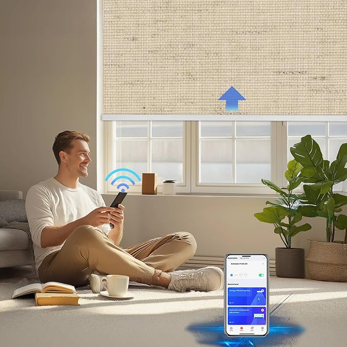 COOLWINDS Motorized Blinds with Remote Cordless Automatic Motorized Shades Custom Blinds for Windows Smart Curtains Compatible with Alexa Google Home(Blackout Linen Soft Dunes,W46 x H72in)
