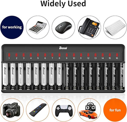 BONAI AA AAA Battery Charger 16 Bay for NiMH Rechargeable Batteries Independent Control with LED Light and Standard American AC Charging Plug, Battery not Included - Black
