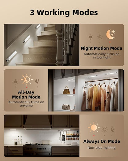 EZVALO 3 Pack Under Cabinet Lighting, 2400mAh Rechargeable Motion Sensor Light, 10inch Magnetic Closet Lights with Dimmable & 3 Color Temps, Wireless Motion Activated Lights with Remote for Kitchen